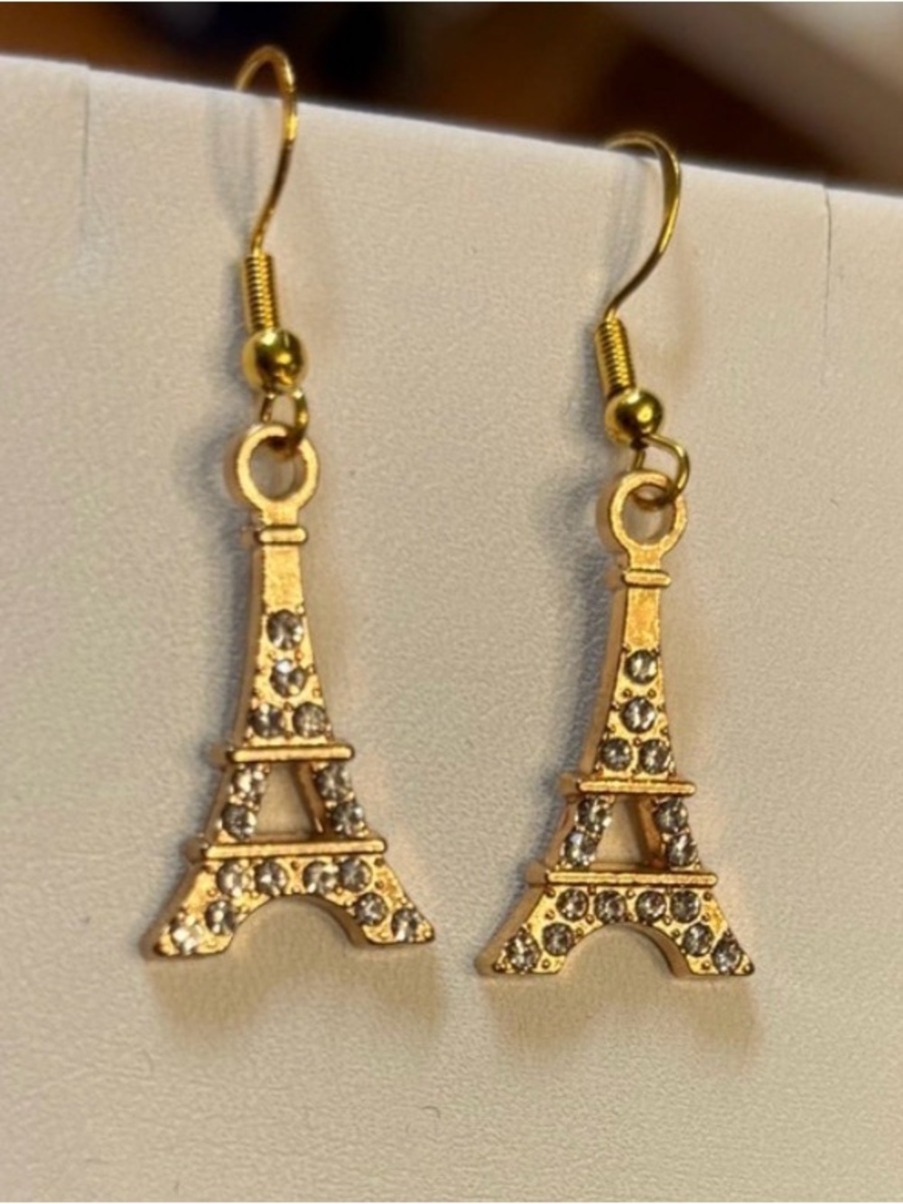 New Gold Eiffel Tower Dangle Earrings with bling rhinestone Accents